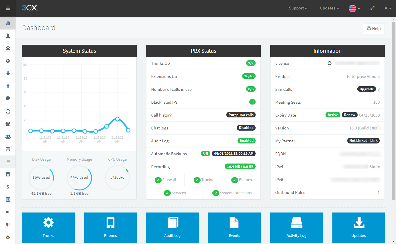 3CX Management-Konsole mit System-Dashboard