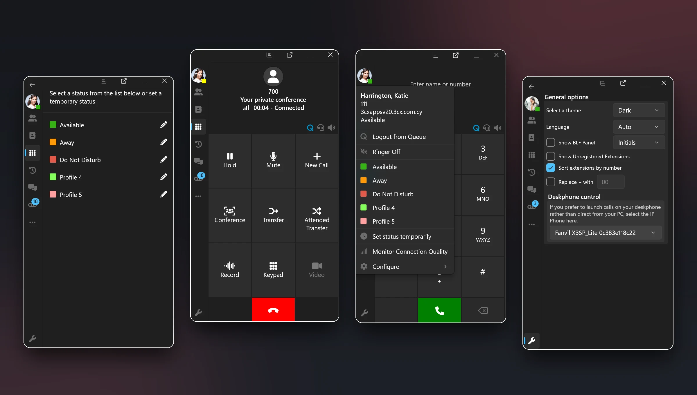 3CX PC Softphone für Windows: Status, laufendes Gespräch, Wähltastatur und Einstellungen